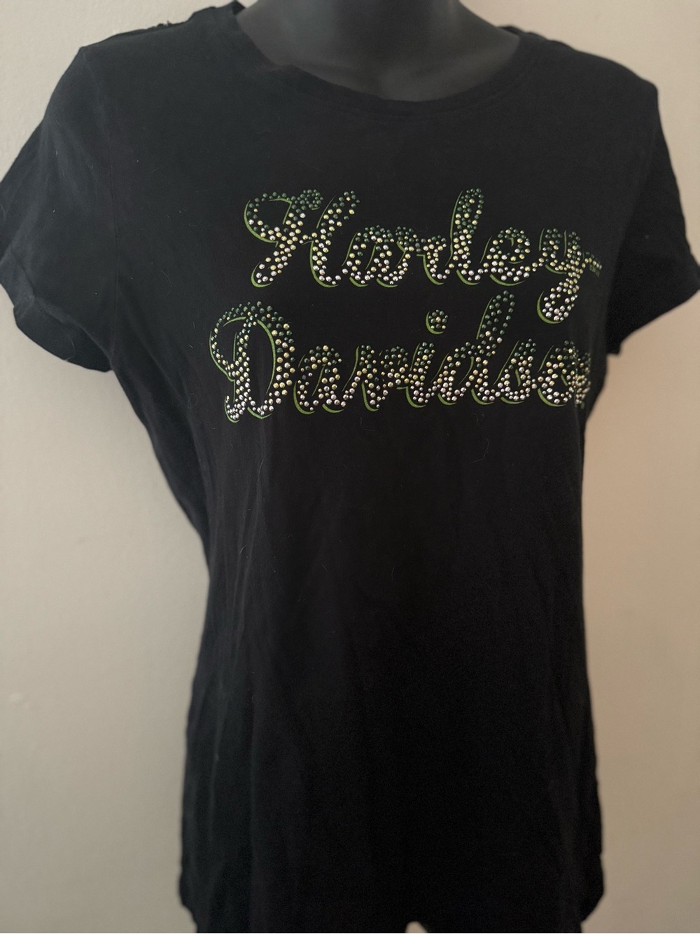 Harley-Davidson Black Tee with Green and Silver Rhinestone Script